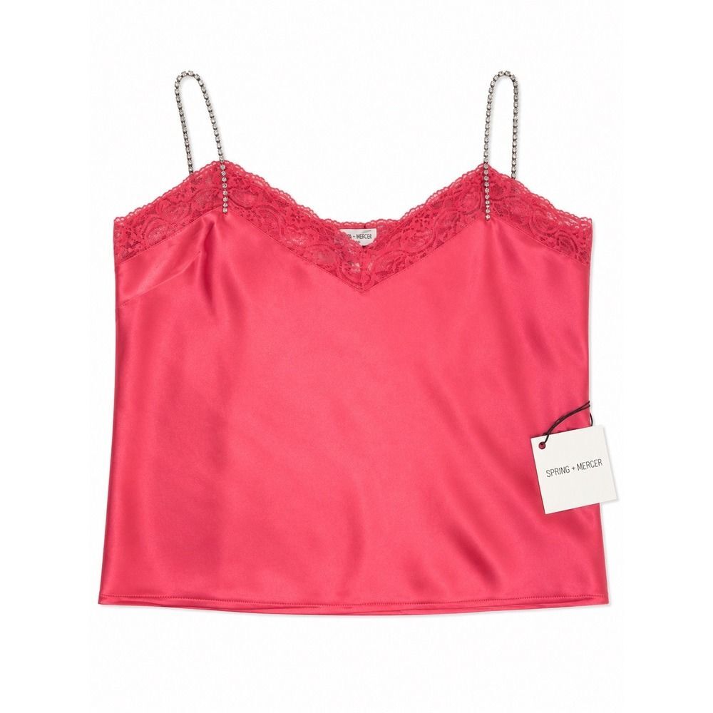 Spring + Mercer Pink Satin Cami Large Lace Trim Rhinestone Chain Straps NWT